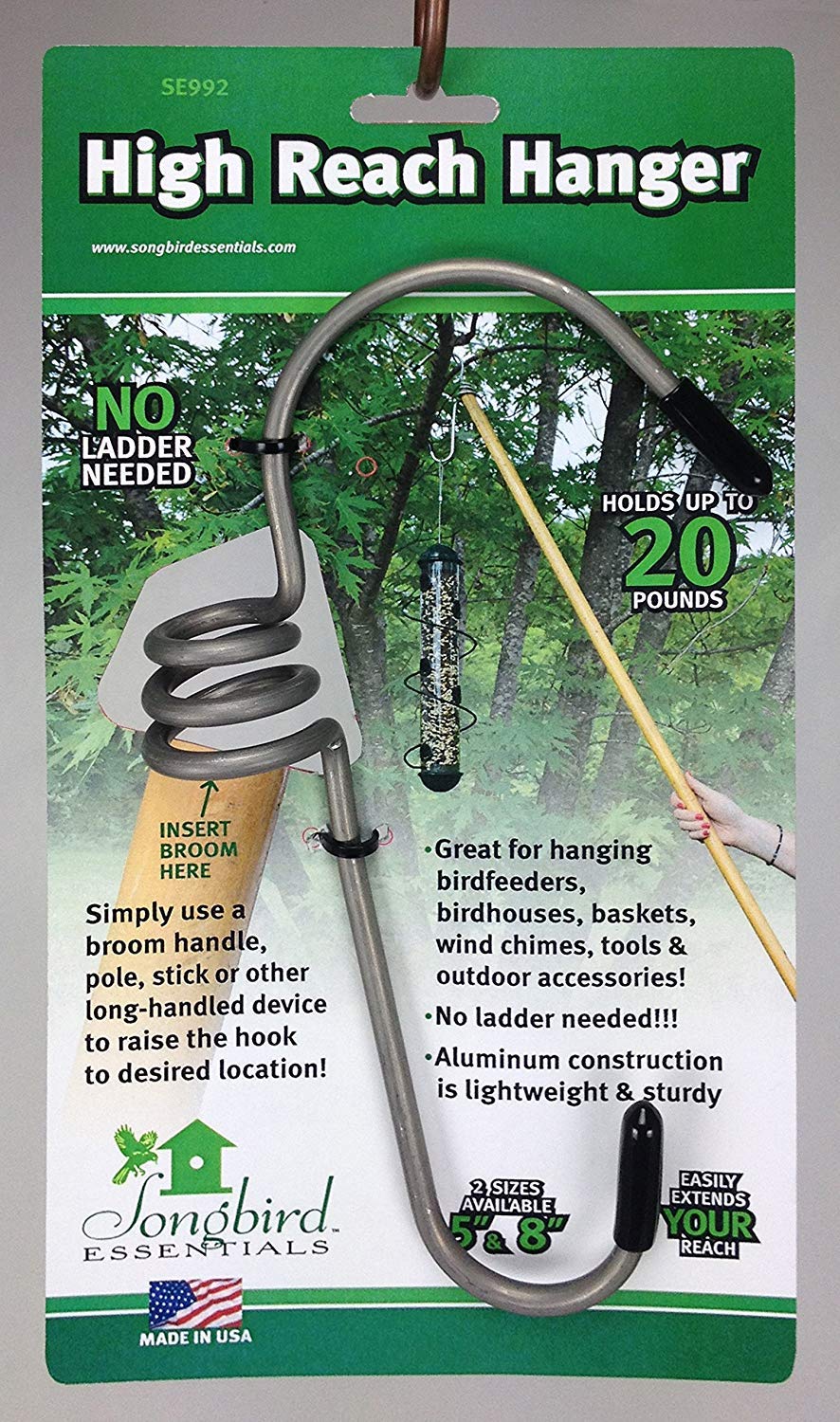 Songbird Essentials SE992 large high reach hanger, front view, weather-resistant aluminum for tall feeders