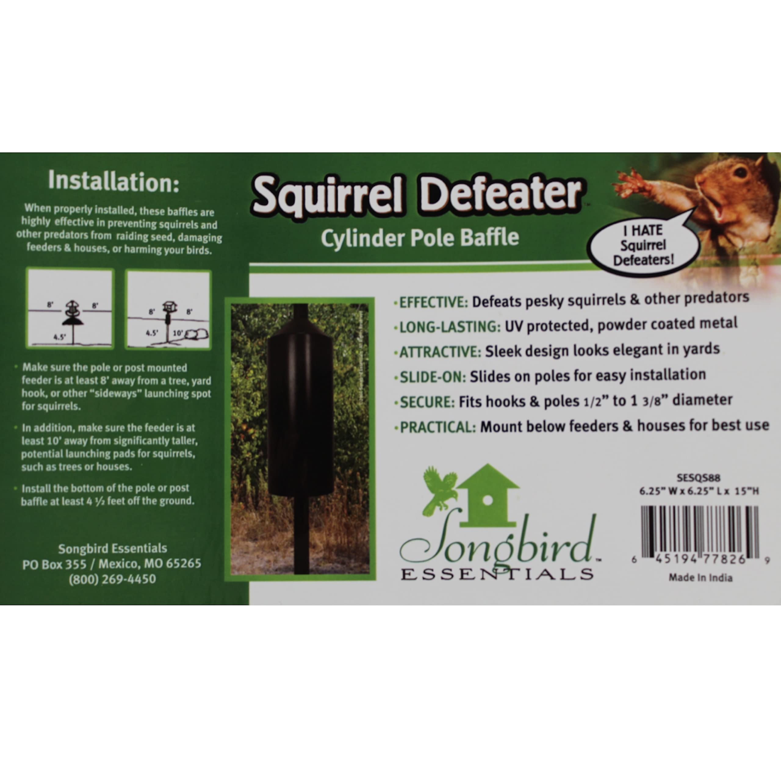 Songbird Essentials Squirrel Defeater baffle on a pole, slide-on design.