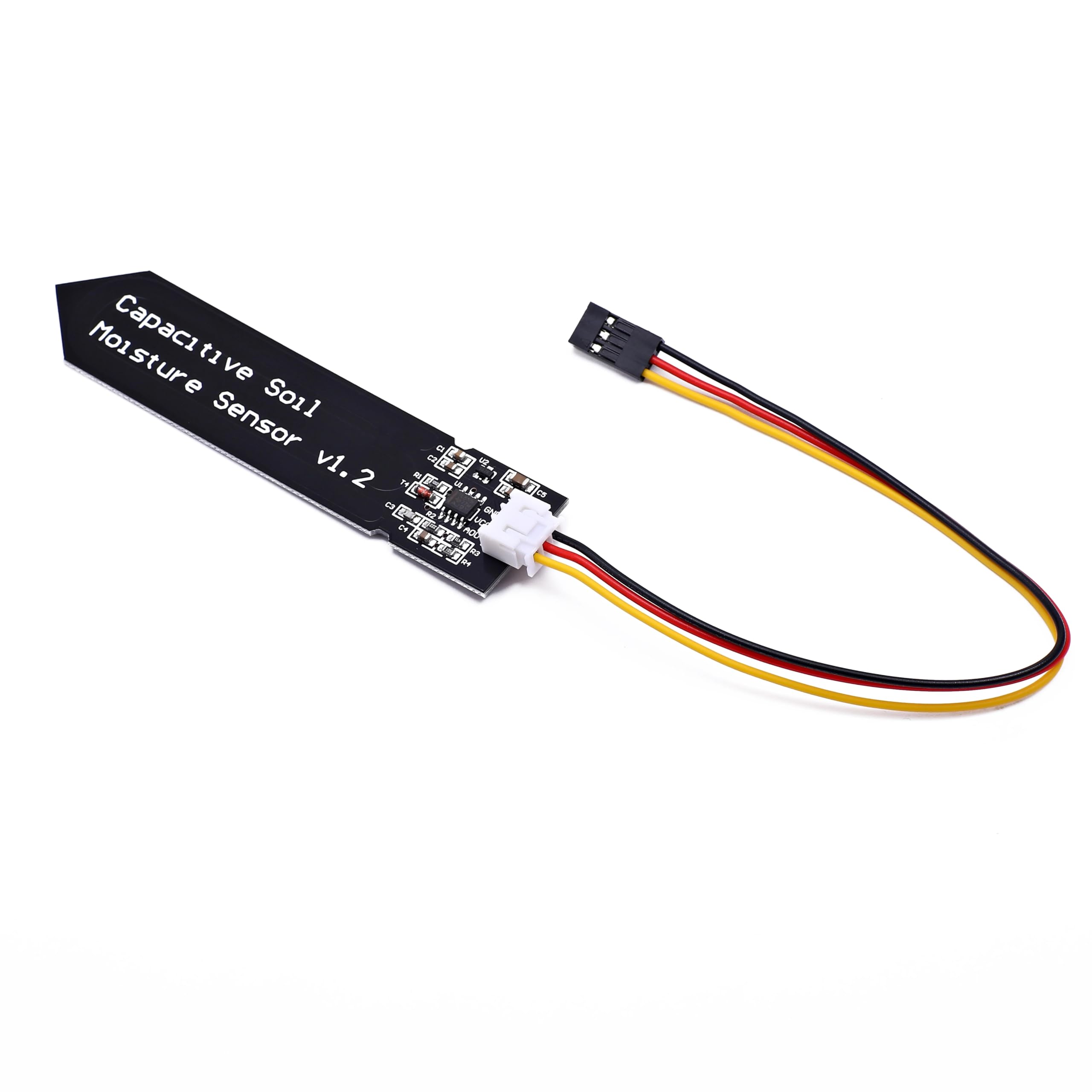 Songhe capacitive soil moisture sensor module side profile highlights 3.3–5.5V compatibility for DIY Arduino projects.