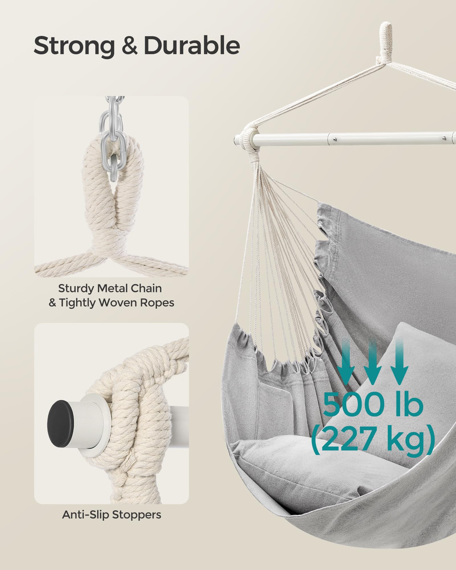SONGMICS Hammock Chair breathable polyester-cotton fabric enhances comfort.