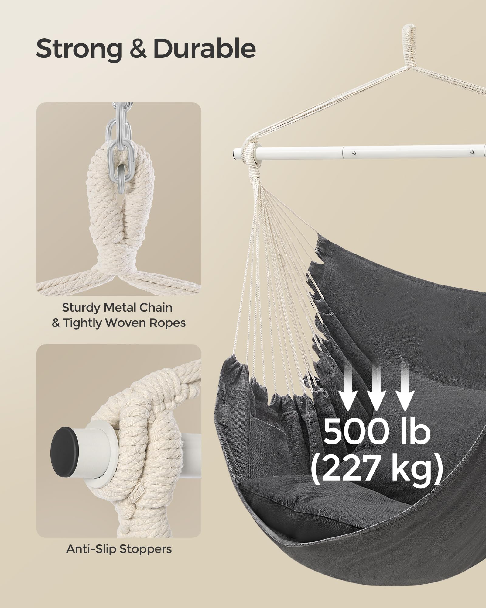Includes sturdy chain and hook for easy, secure hanging.