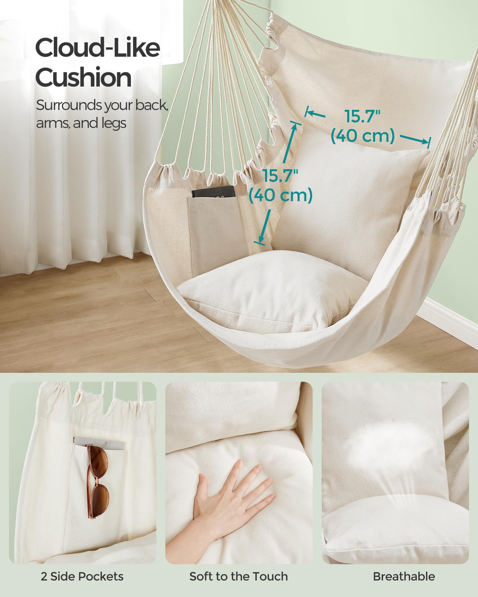 Metal hanging chain and snap hook included for quick setup.