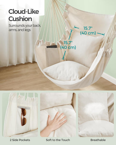 Metal hanging chain and snap hook included for quick setup.