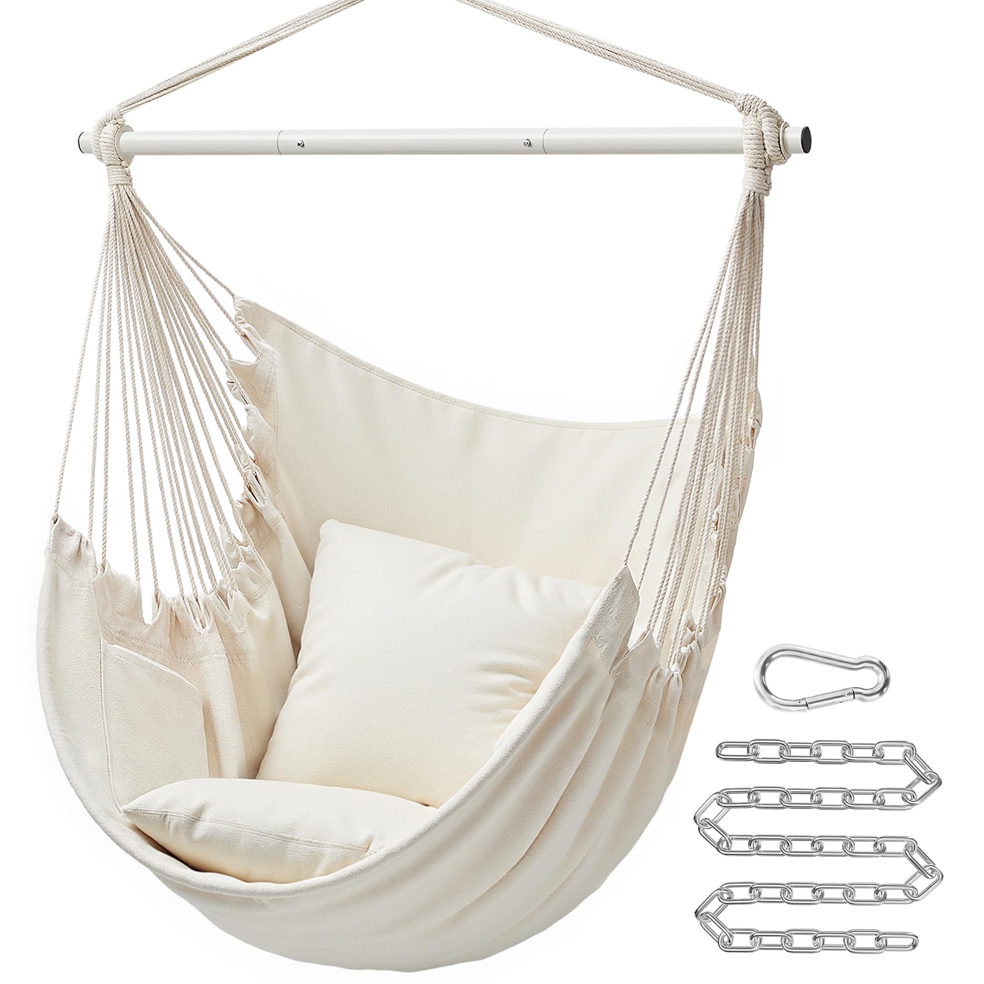 SongMICS Hammock Chair with cream cushions for cozy indoor relaxation.