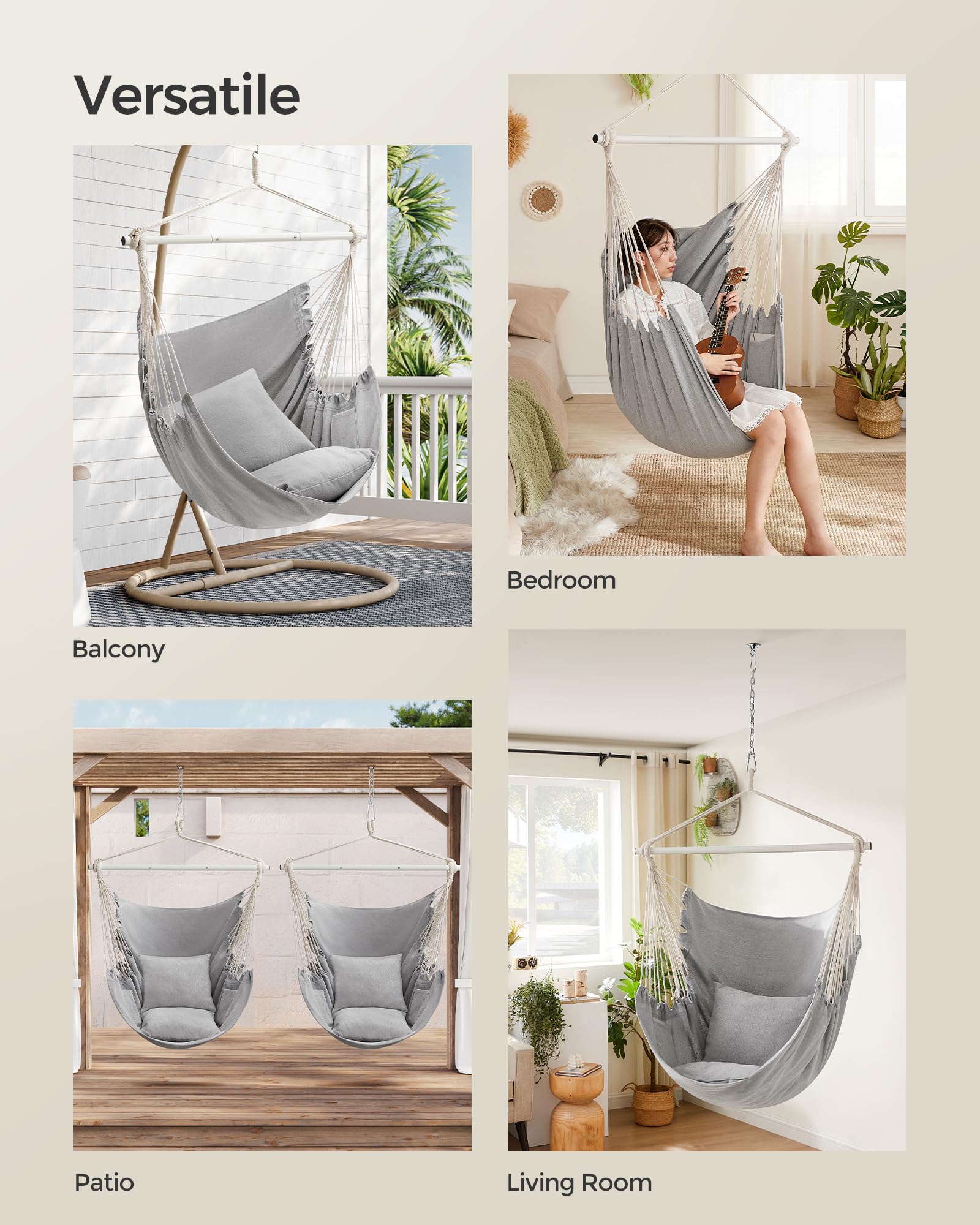 SONGMICS Hammock Chair suitable for indoor and outdoor spaces.