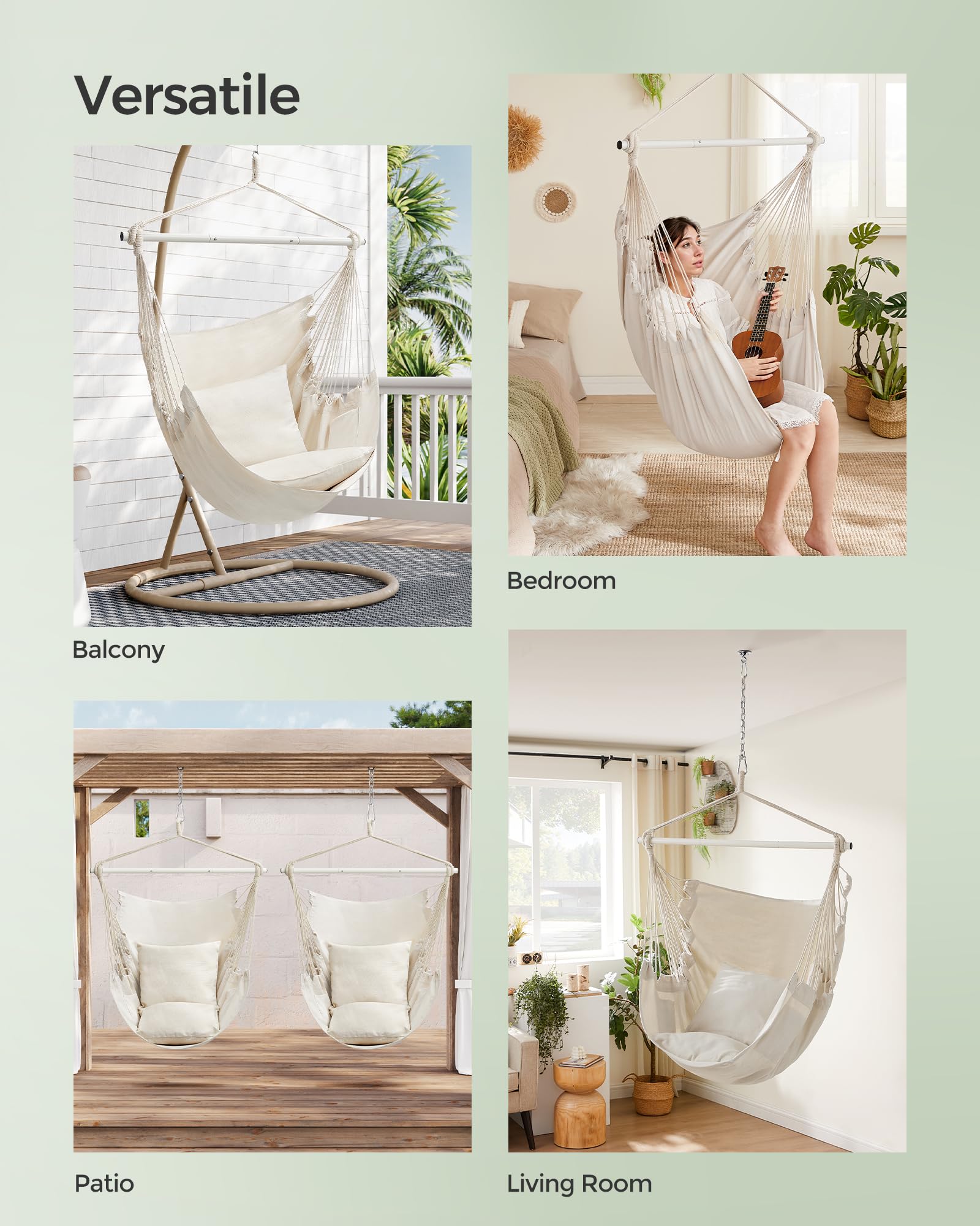 Bohemian style hammock chair suitable for indoor and outdoor spaces.