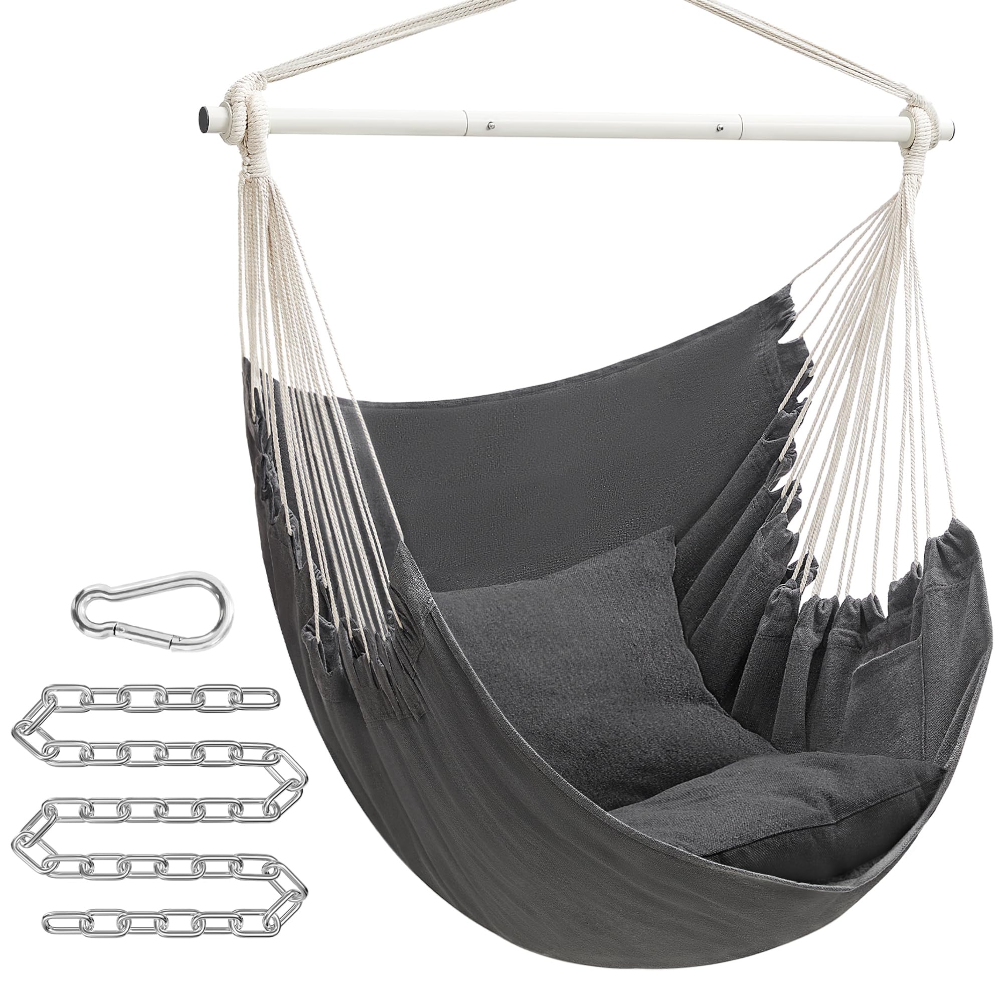 Songmics hammock chair with two cushions enhances comfort during relaxation.