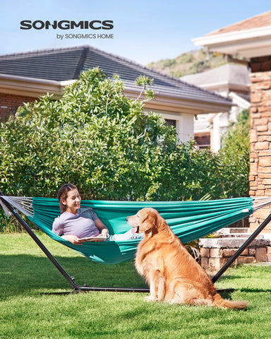 Songmics hammock with mounting straps and carabiners ready to hang securely