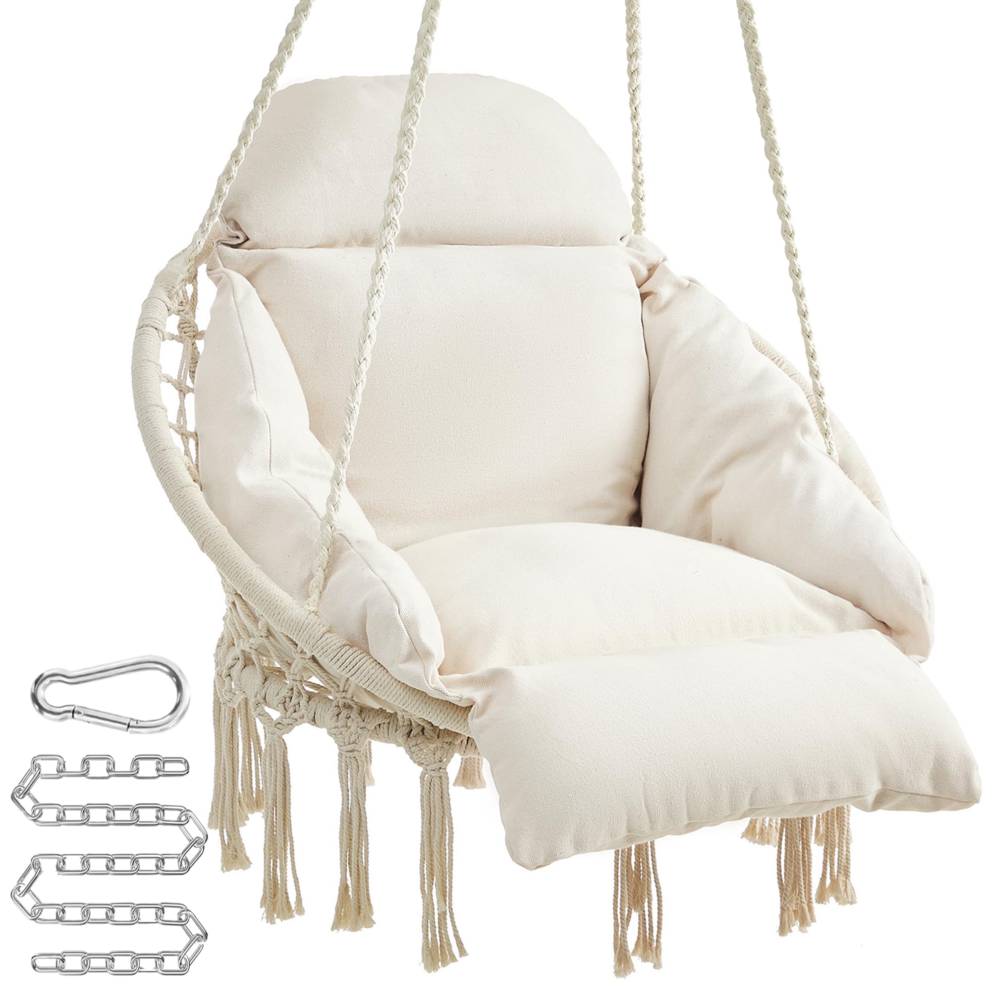 SONGMICS hanging chair cream cushion close-up for plush comfort.