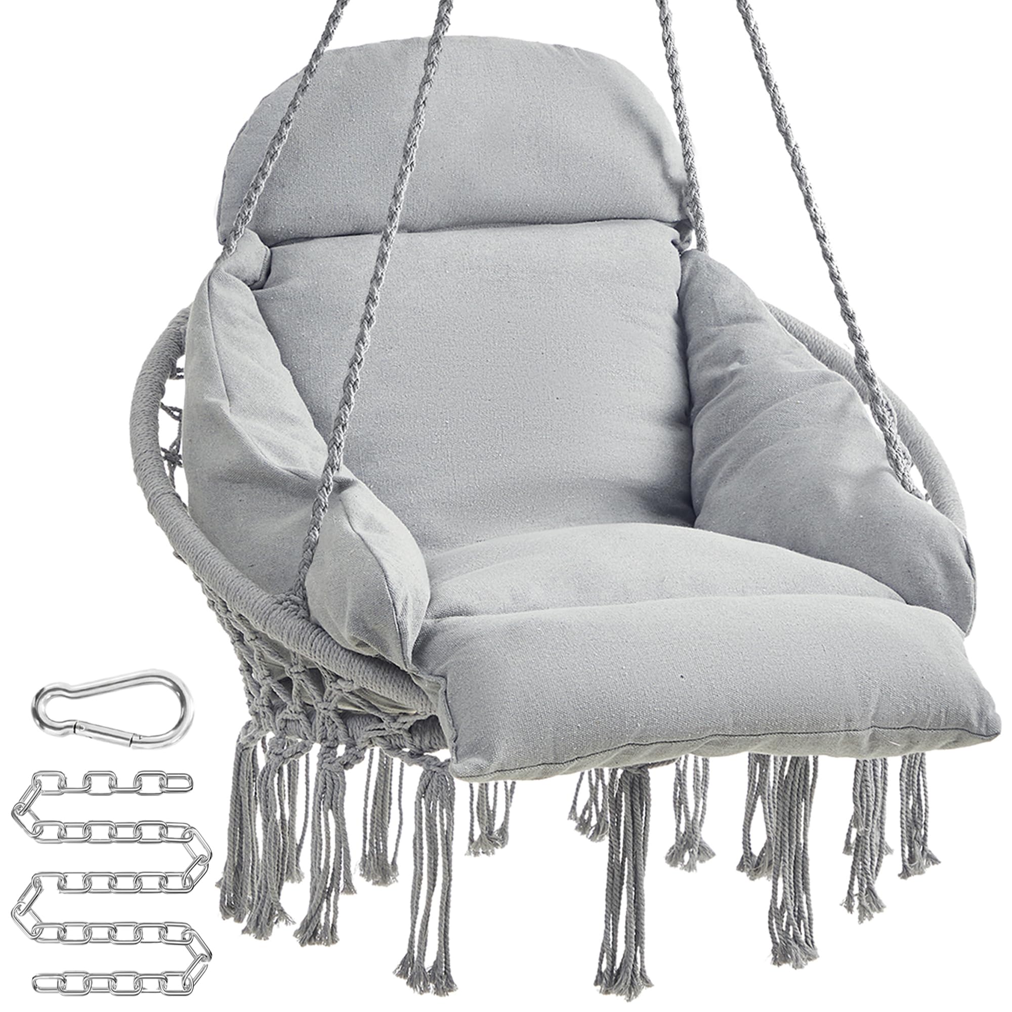SONGMICS hanging chair with dove-gray cushion provides plush back support for relaxation