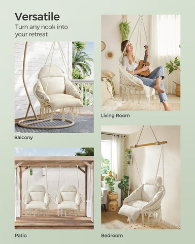 SONGMICS hanging chair versatile setup for indoors and outdoors.