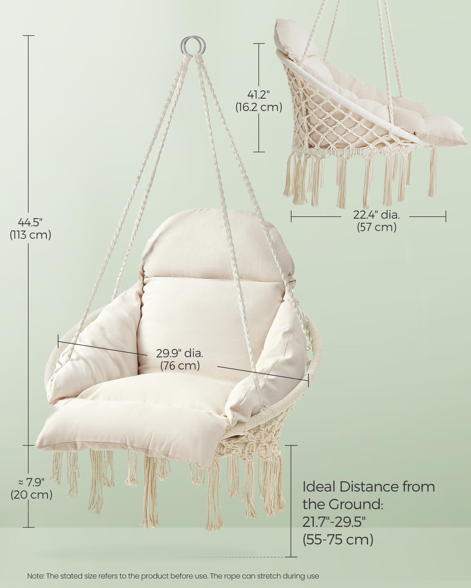 SONGMICS hanging chair steel chain and carabiner secure hanging options.