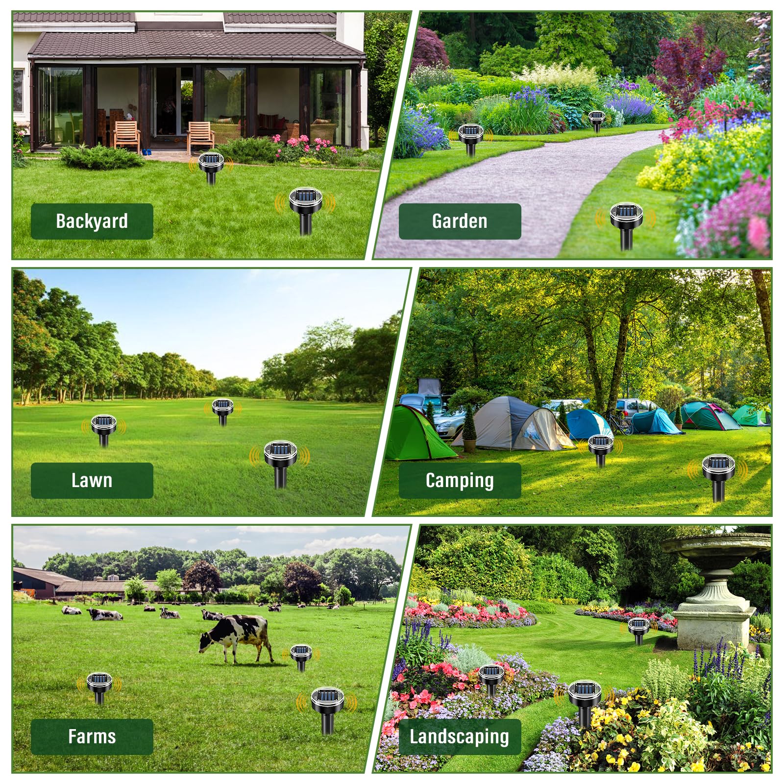 SonicPulse round black disk sits on soil, deterring moles.