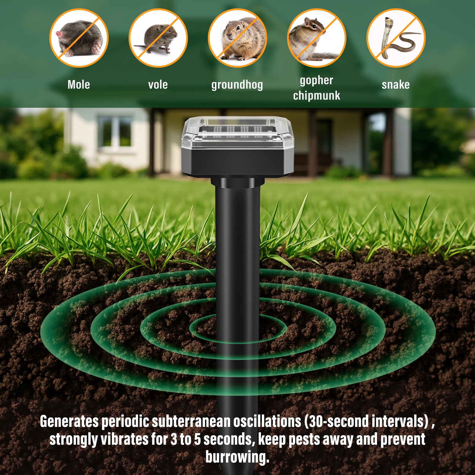 SonicPulse installation in the yard harnesses sunlight for continuous pest deterrence.