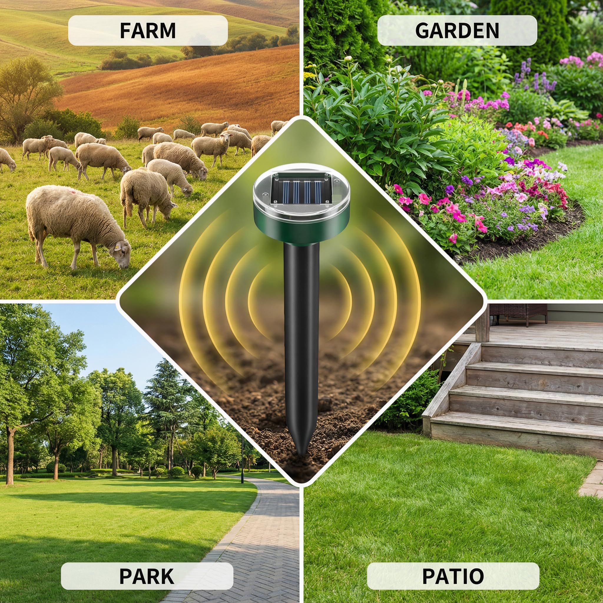 SonicPulse ground-scene shows protected garden and undisturbed soil around devices.