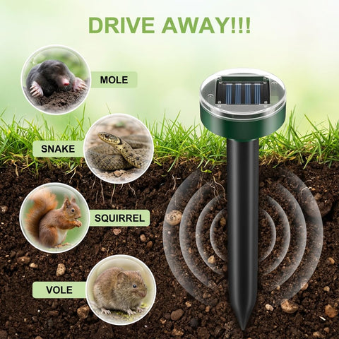 SonicPulse mole repellent stake installation demonstrates tool-free setup for easy lawn protection.