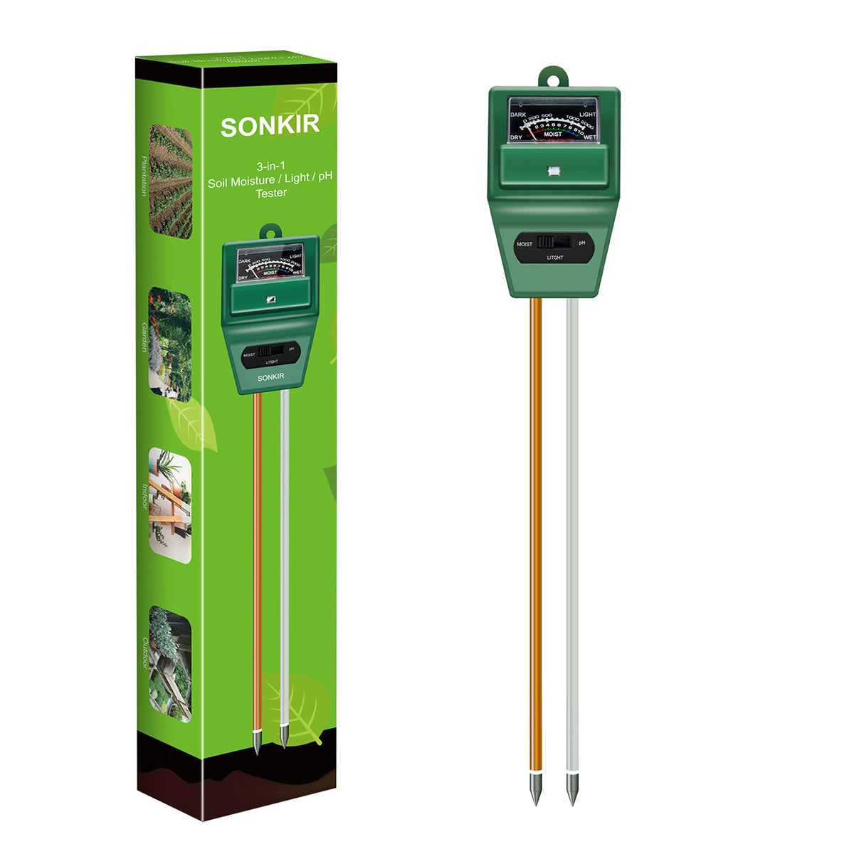 SONKIR MS02 3-in-1 display shows soil moisture, pH, and light for healthier plants.