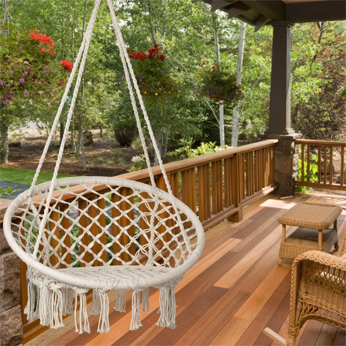 Sonyabecca LED macrame hammock chair in a cozy bedroom reading nook.