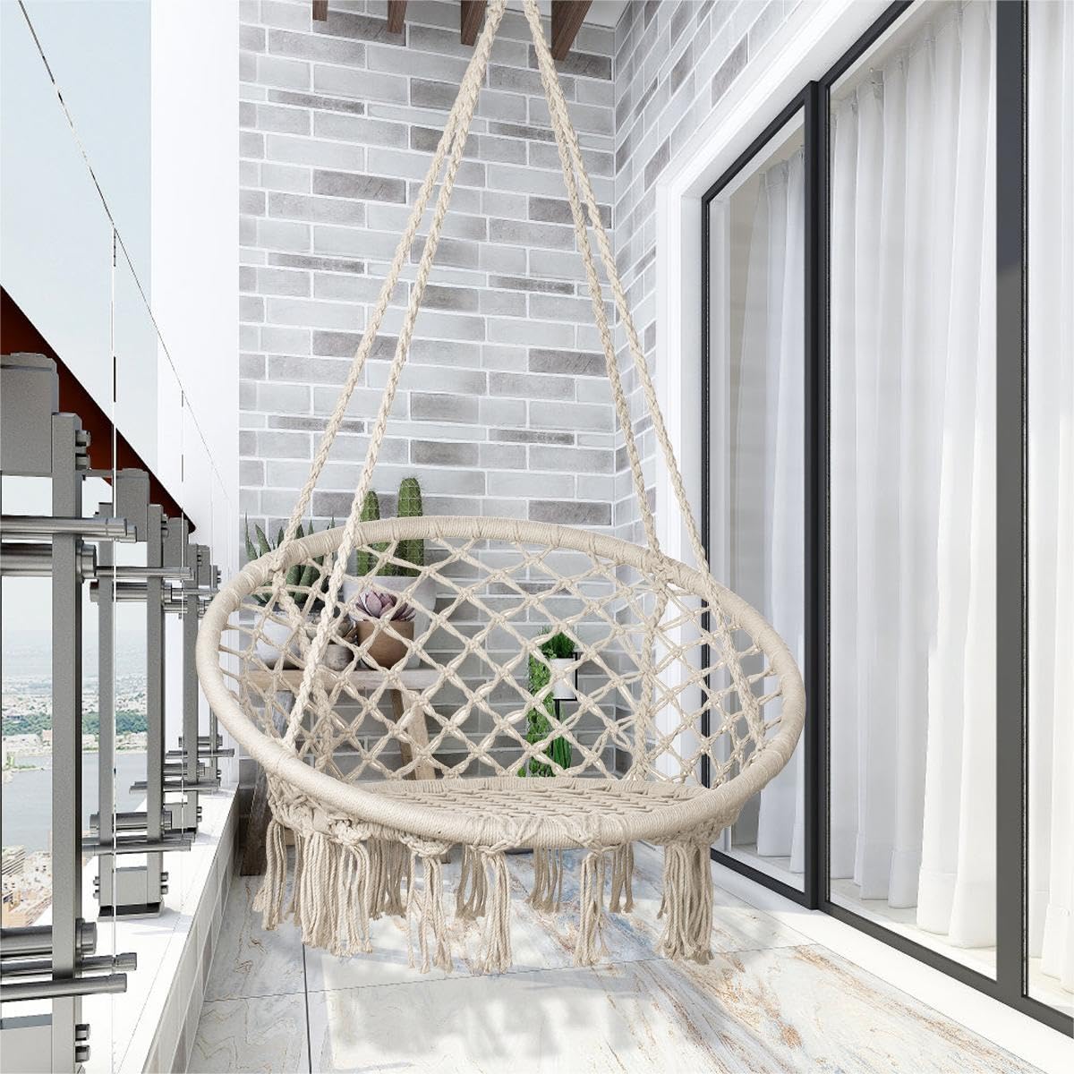 Sonyabecca hammock chair on patio at dusk with warm glow.