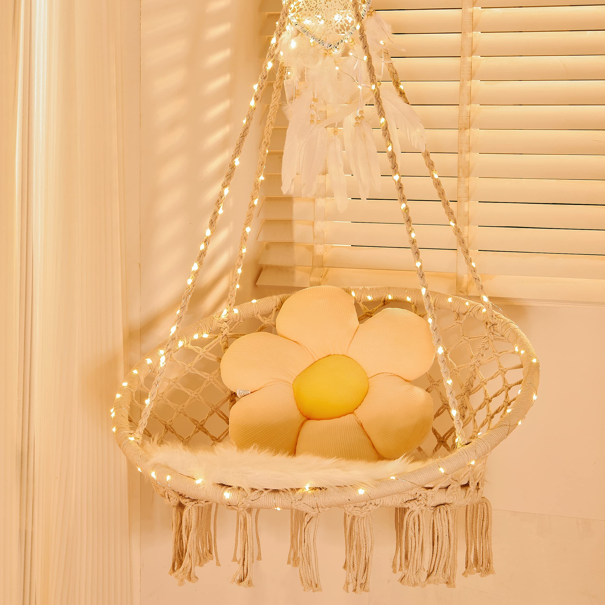 Sonyabecca LED macrame hammock chair for indoor and outdoor lounging.