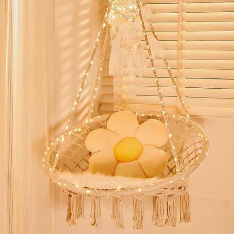 Sonyabecca LED macrame hammock chair for indoor and outdoor lounging.
