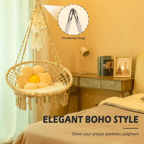 LED string along Sonyabecca hammock chair highlights ambient lighting option.