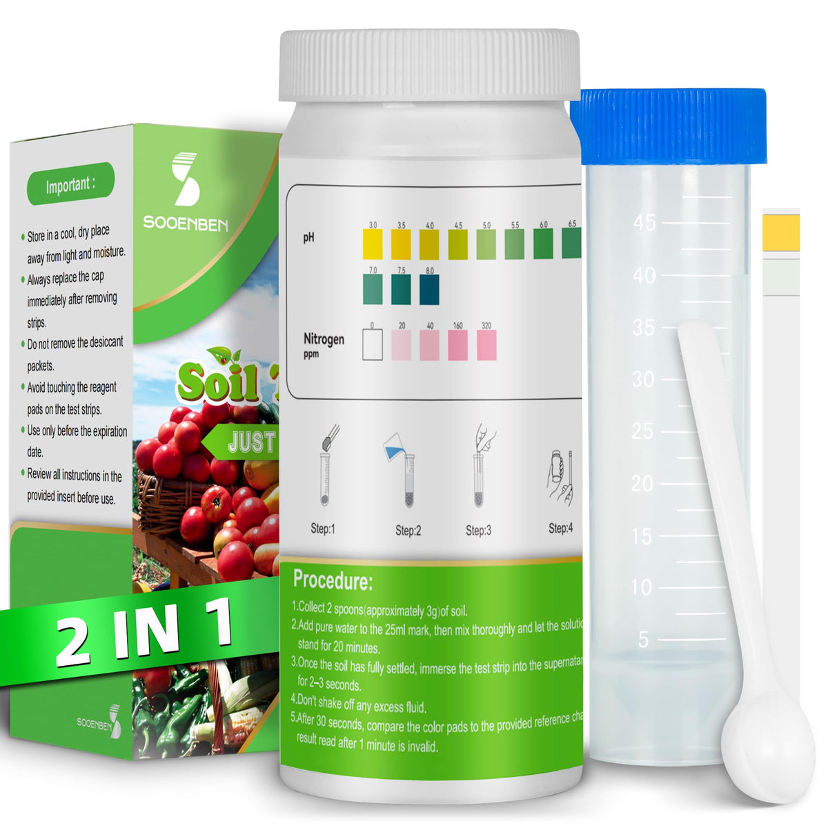 Sooenben 2-in-1 soil test kit packaging for at-home testing.