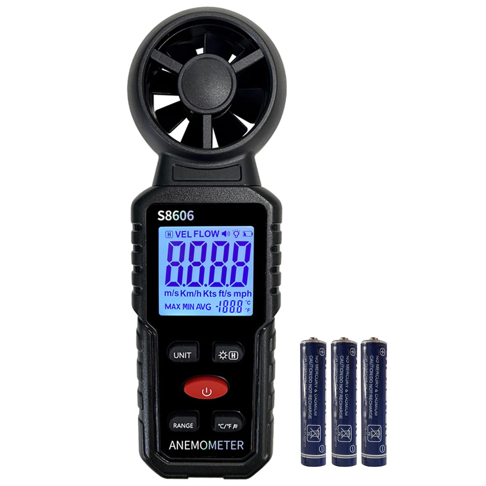 Soonkoda 3-in-1 anemometer front view for quick wind readings.