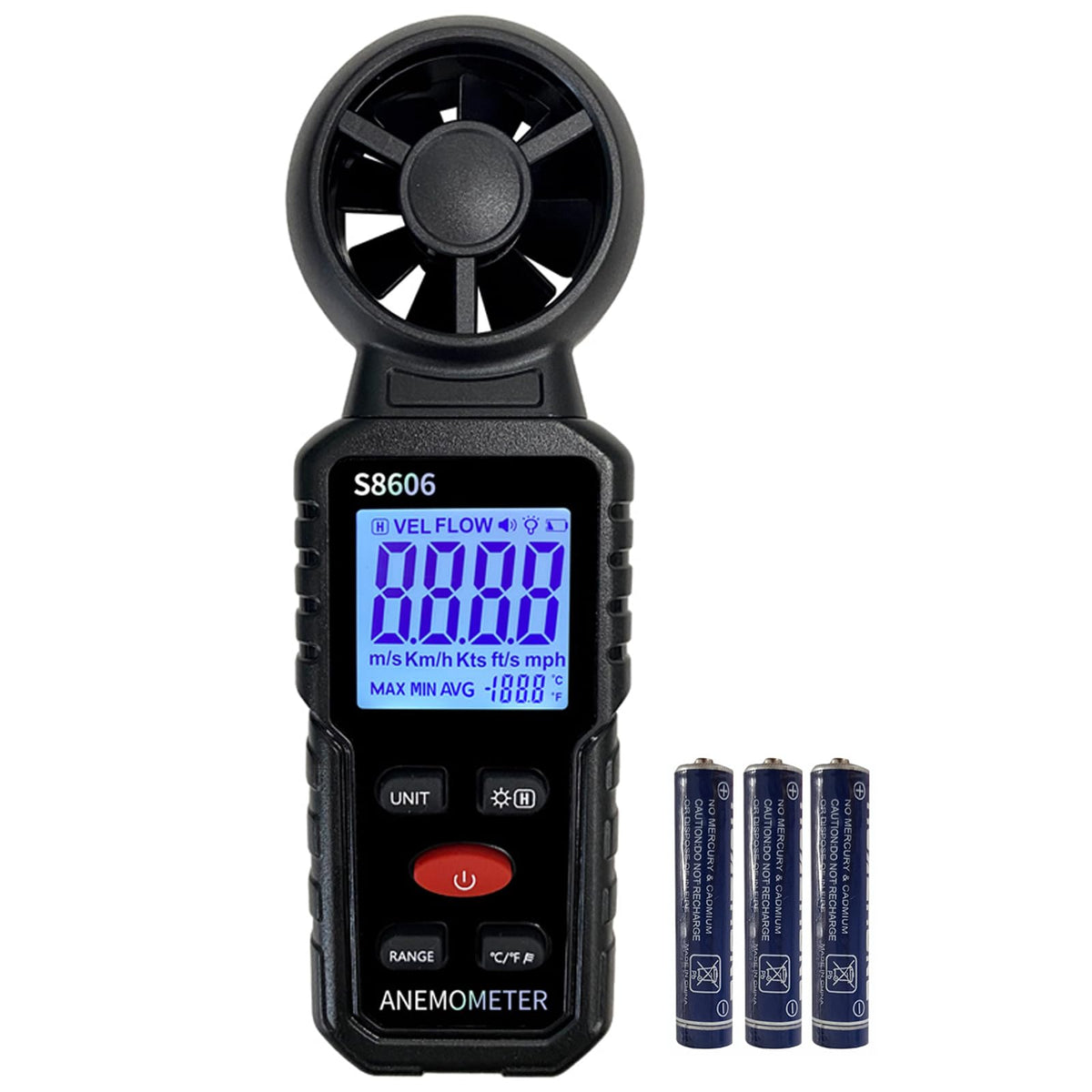 Soonkoda 3-in-1 anemometer front view for quick wind readings.