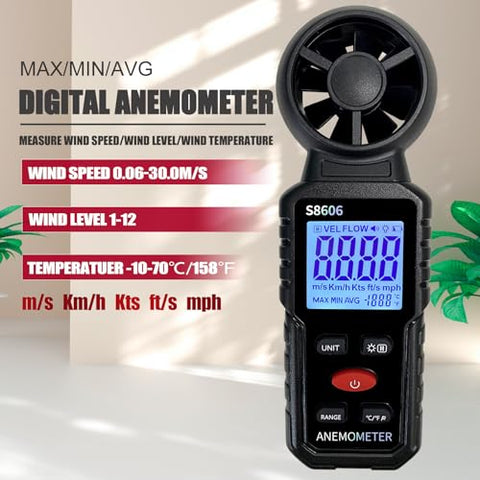 Soonkoda anemometer wind speed display with multiple unit options.