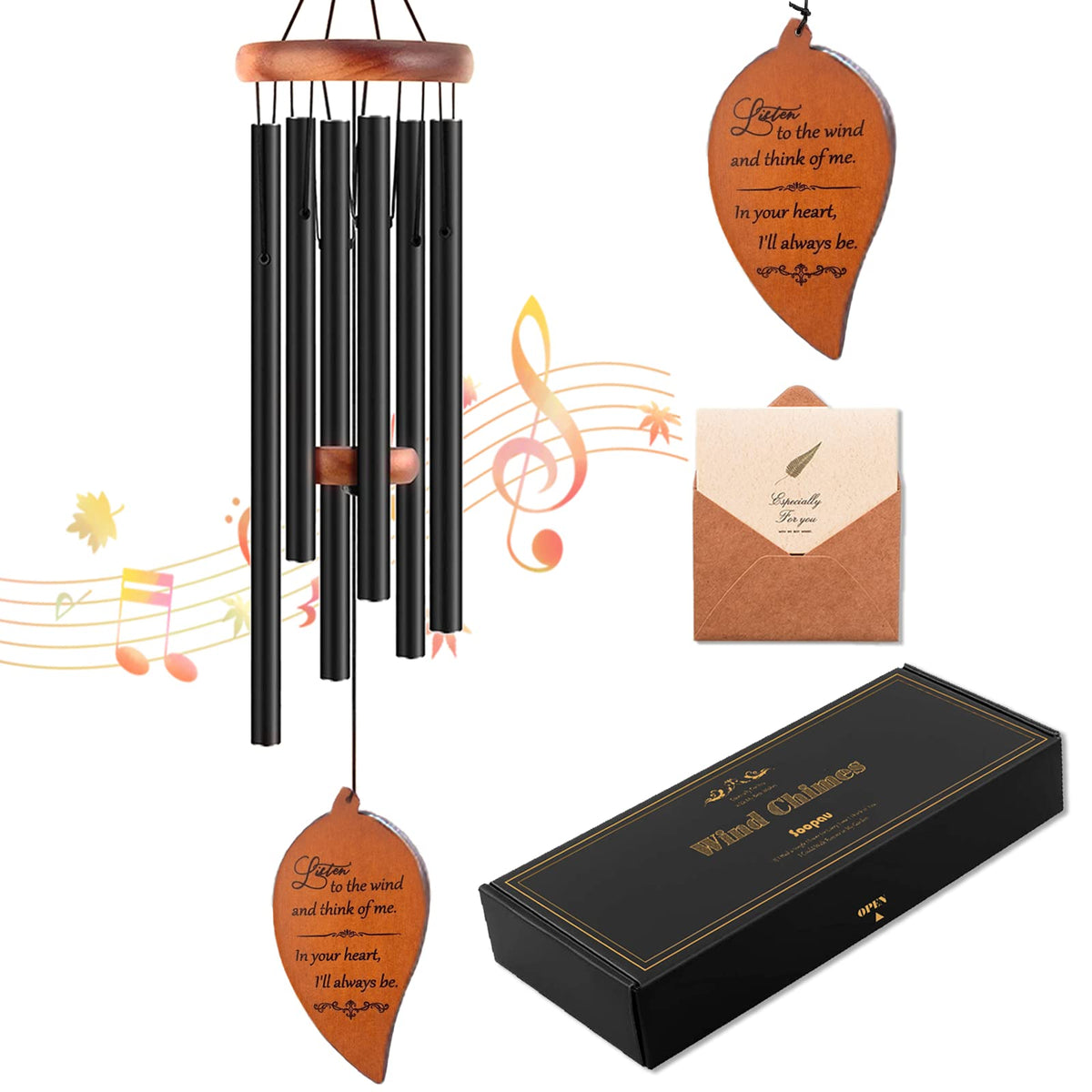 Soopau memorial wind chimes front view with leaf wind catcher