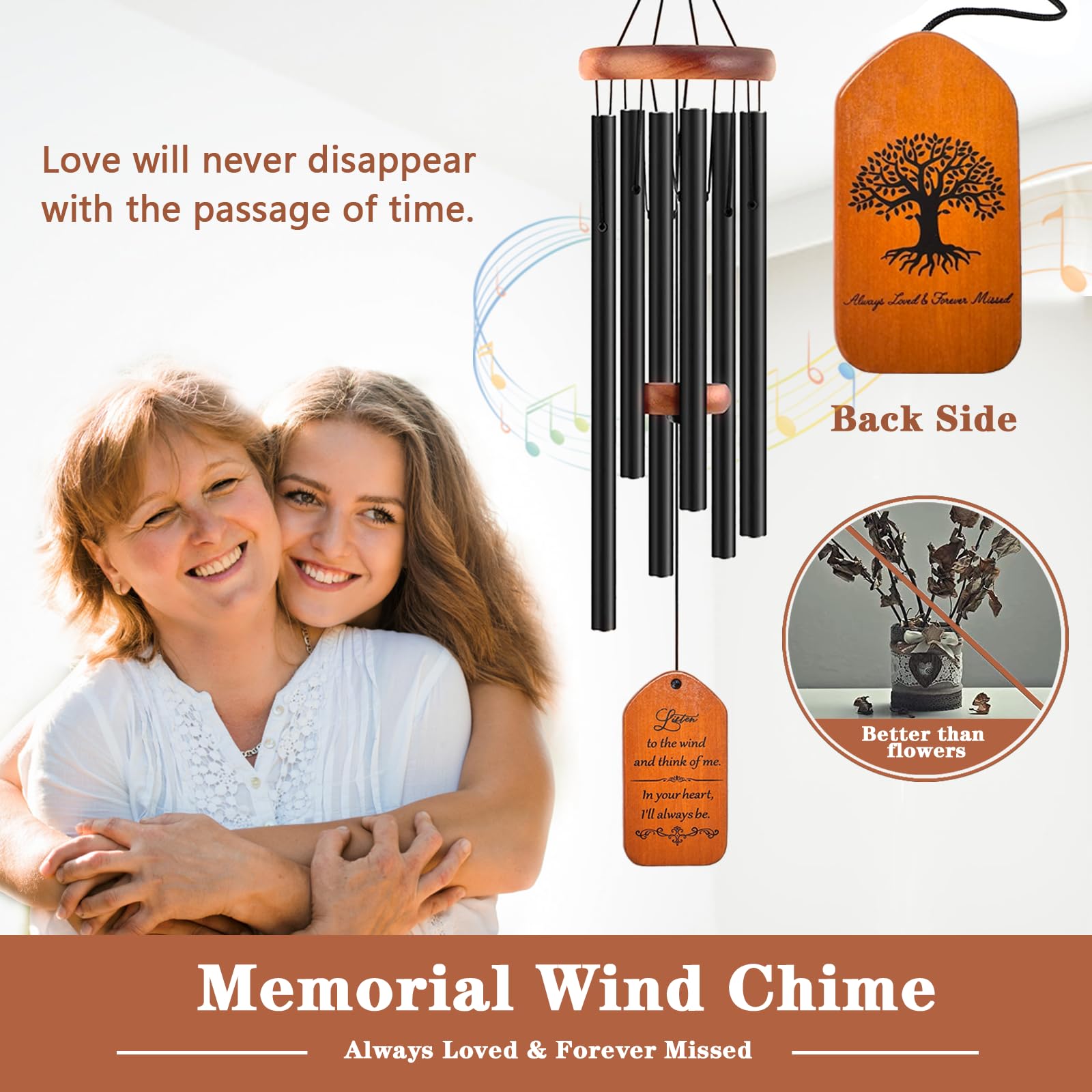 Soopau memorial wind chime showcasing front inscription for comfort.