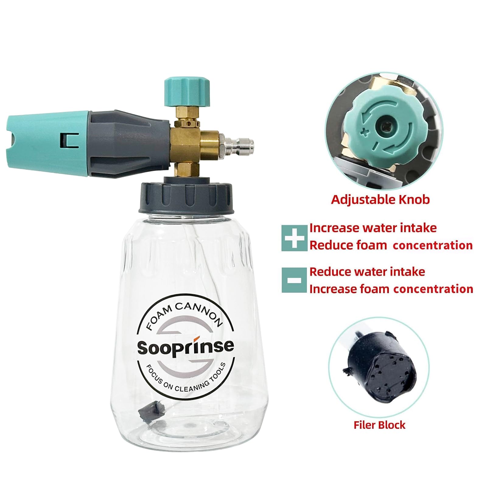 Sooprinse foam cannon adjustable nozzle enhances control of foam spray.