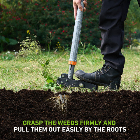 SOOTFRO retractable-handle weed puller reaches 39-46 inches to minimize bending.