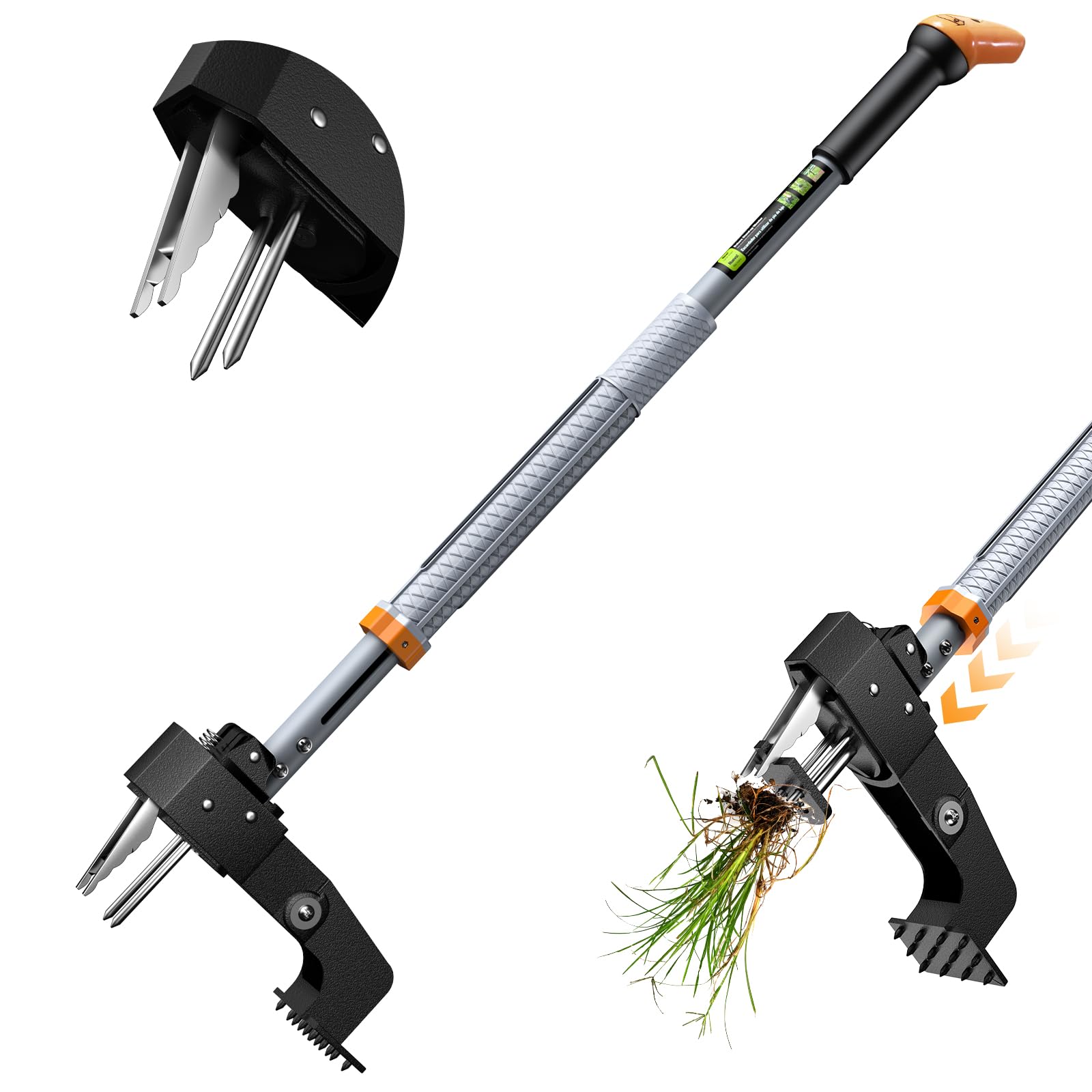 SOOTFRO stand-up weed puller with four-claw steel head for effective root removal.