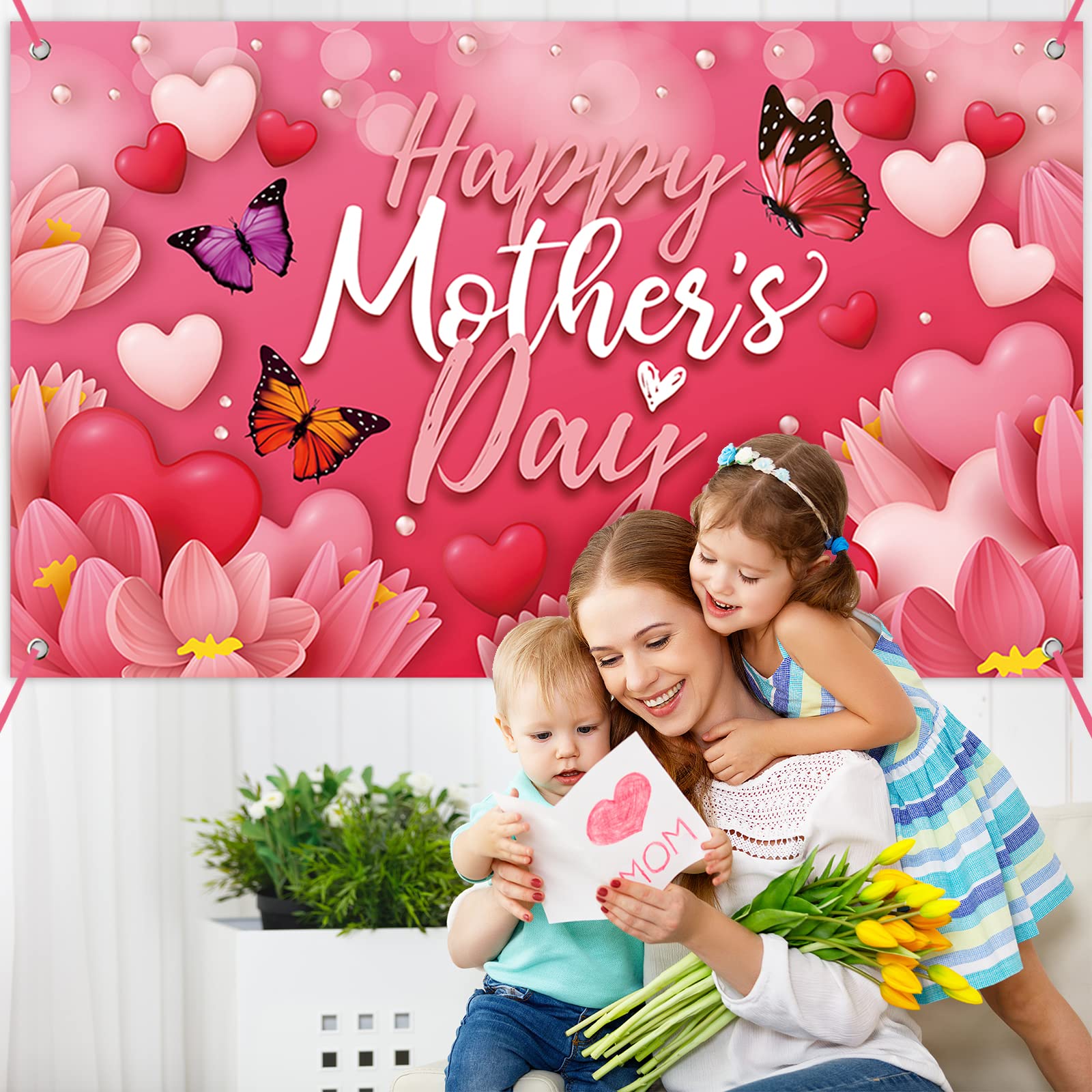Sophena Mother's Day banner closeup of flowers shows vibrant pink-red hearts for celebrations.