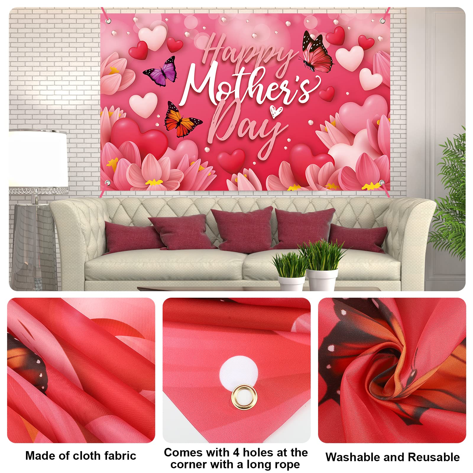 Sophena Mother's Day banner durable polyester fabric resists wrinkles and wear.