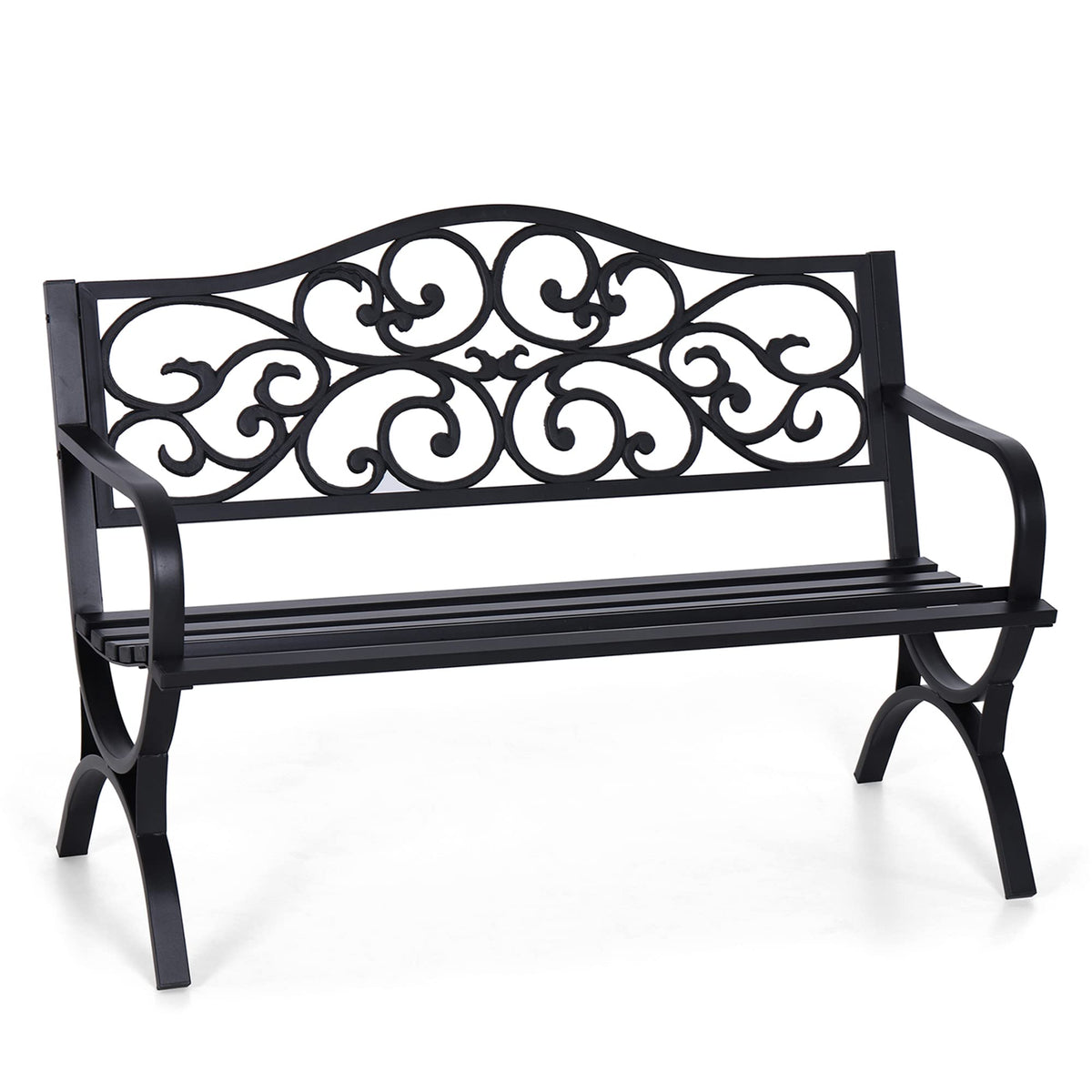 Sophia & William outdoor bench with floral backrest enhances garden seating and style.