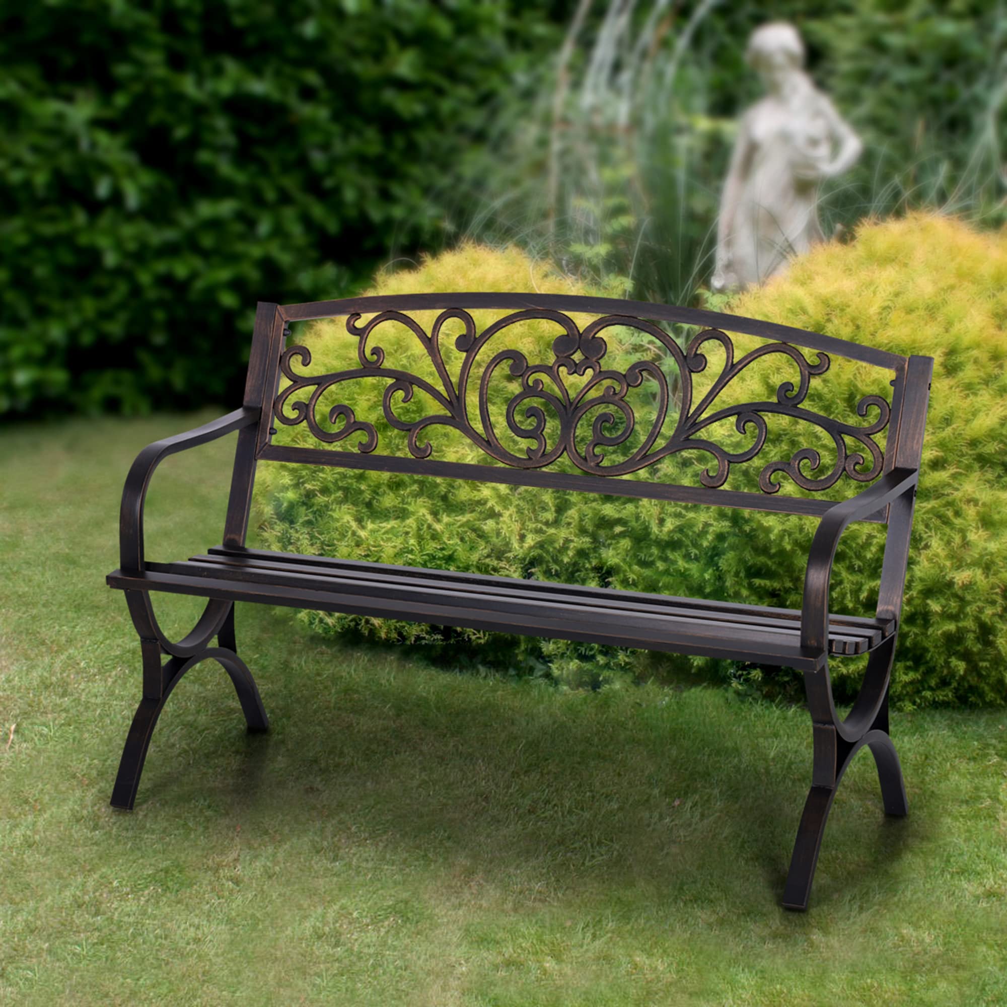Sophia & William bench assembled in a backyard patio setup