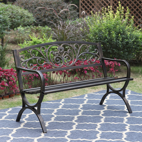 Sophia & William bench backrest detail highlights floral vines for garden charm