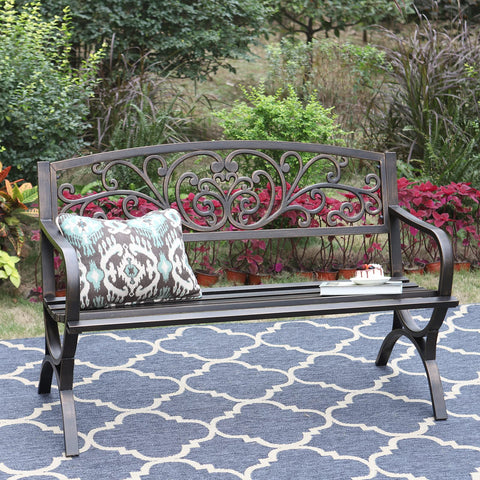 Sophia & William outdoor setting shows the bench in a patio garden scene