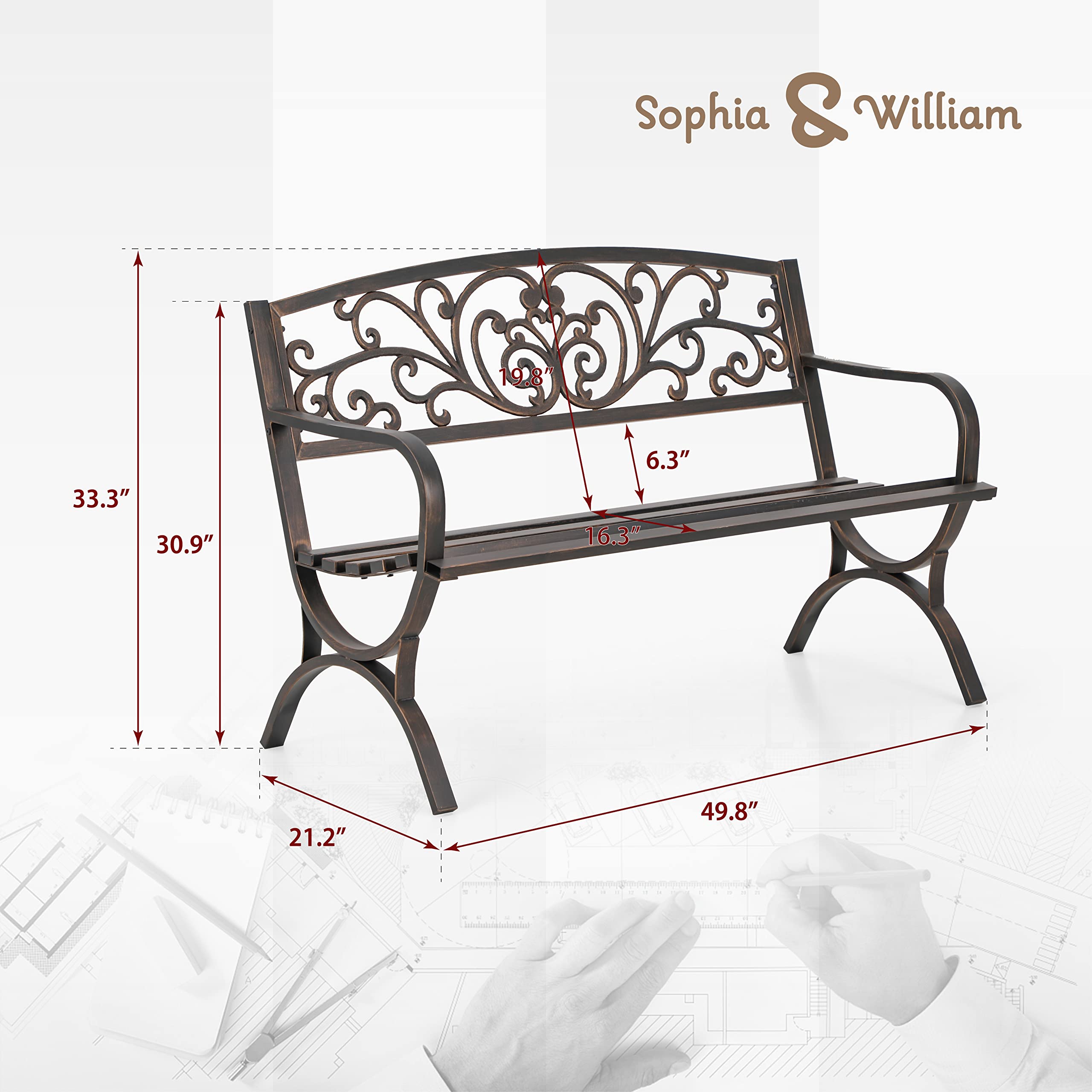 Sophia & William bench seat closeup reveals slatted surface for easy cleaning