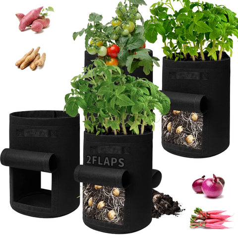 SORANGEUN 4-pack 15-gallon grow bags with dual flap for easy potato harvesting.
