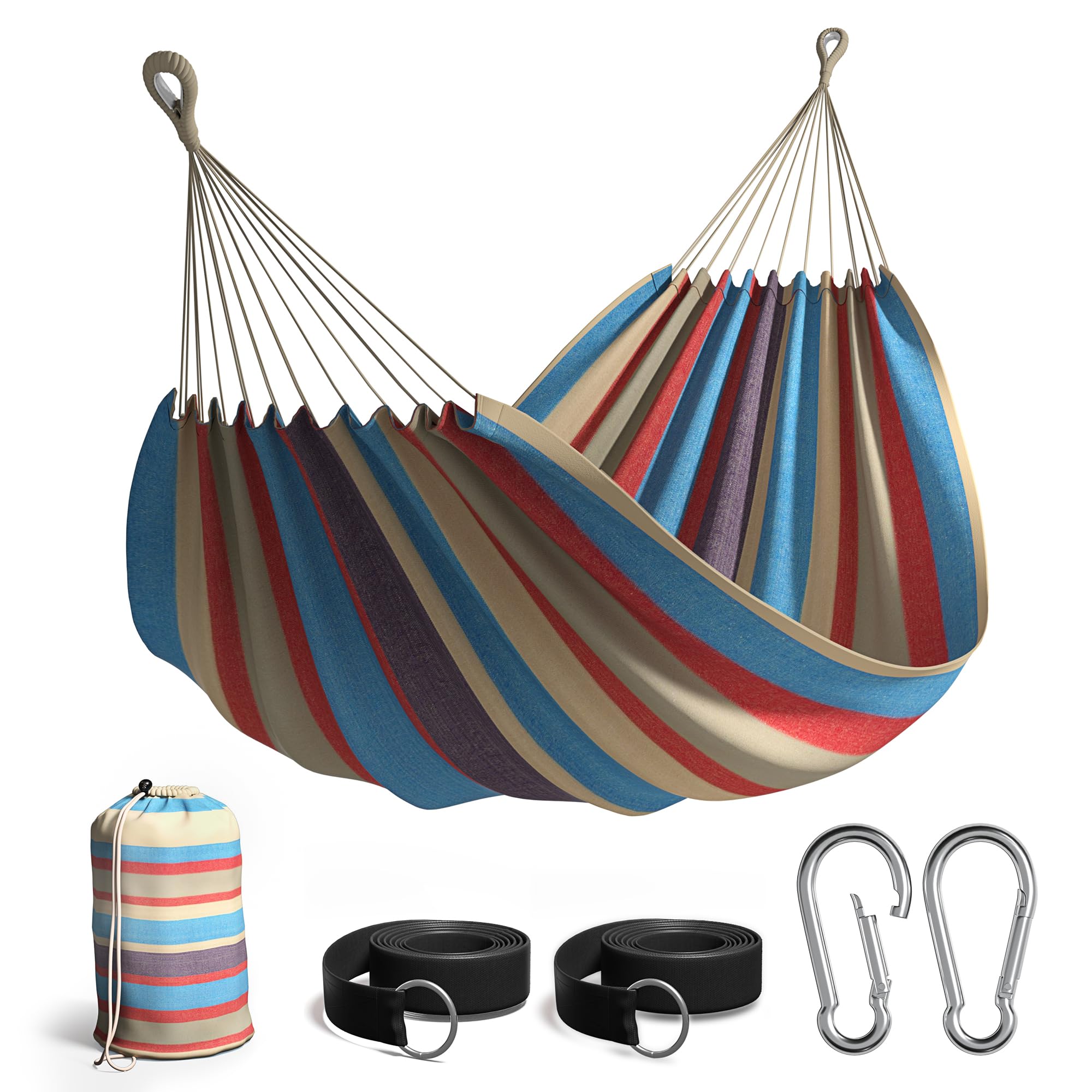 Sorbus Brazilian Double Hammock with blue-sand-purple-red stripes supports two.