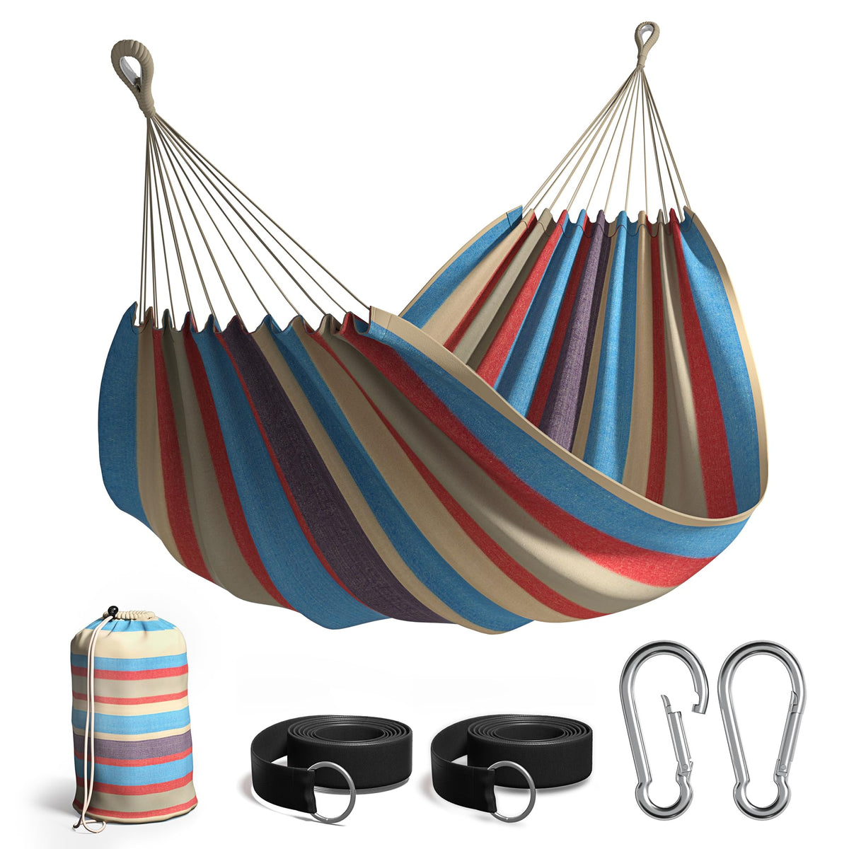 Sorbus Brazilian Double Hammock with blue-sand-purple-red stripes supports two.