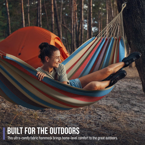 Sorbus Brazilian Double Hammock indoor-outdoor use fits patios or living rooms.