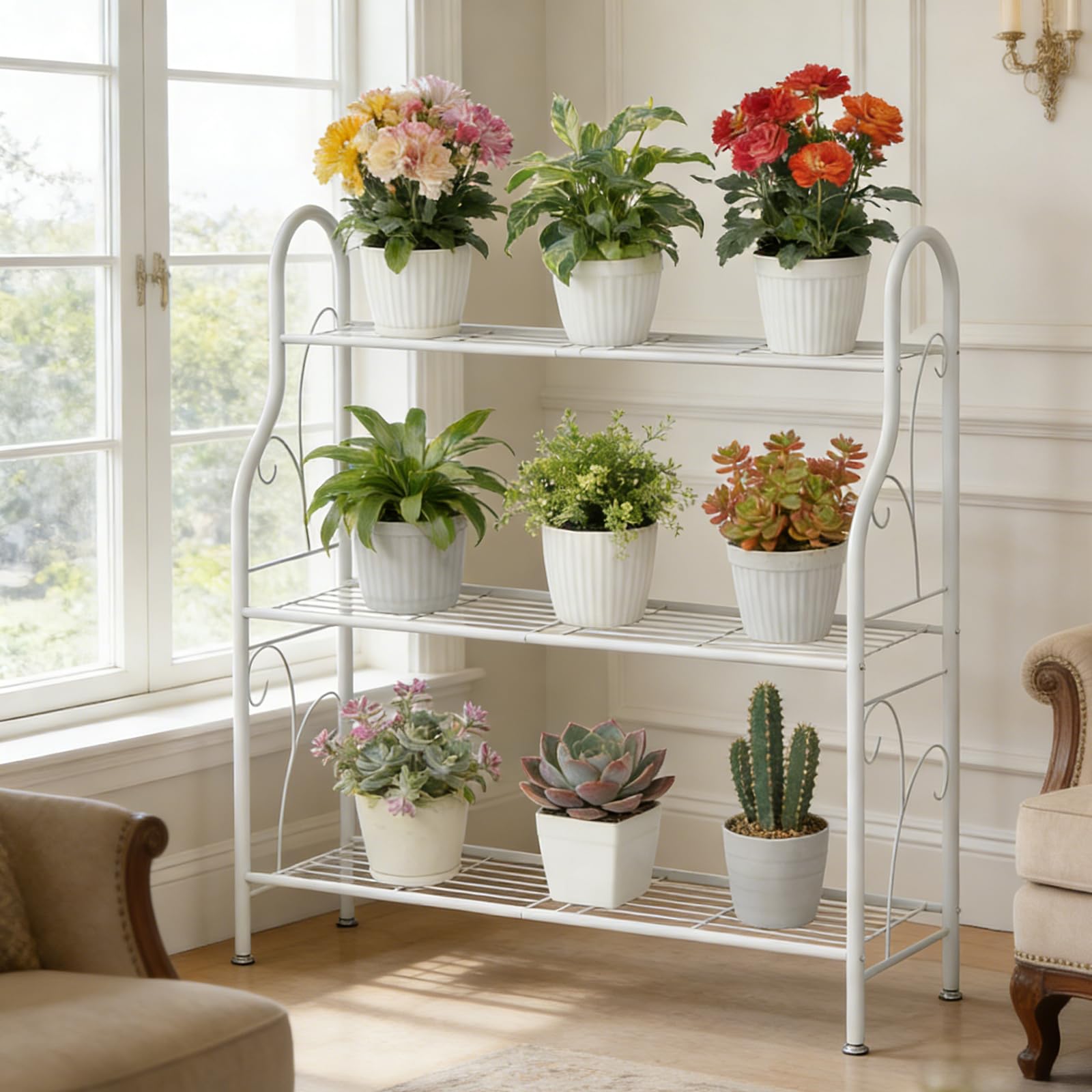 SORCEDAS 3-tier shelf fits three plants per tier for spacious display.