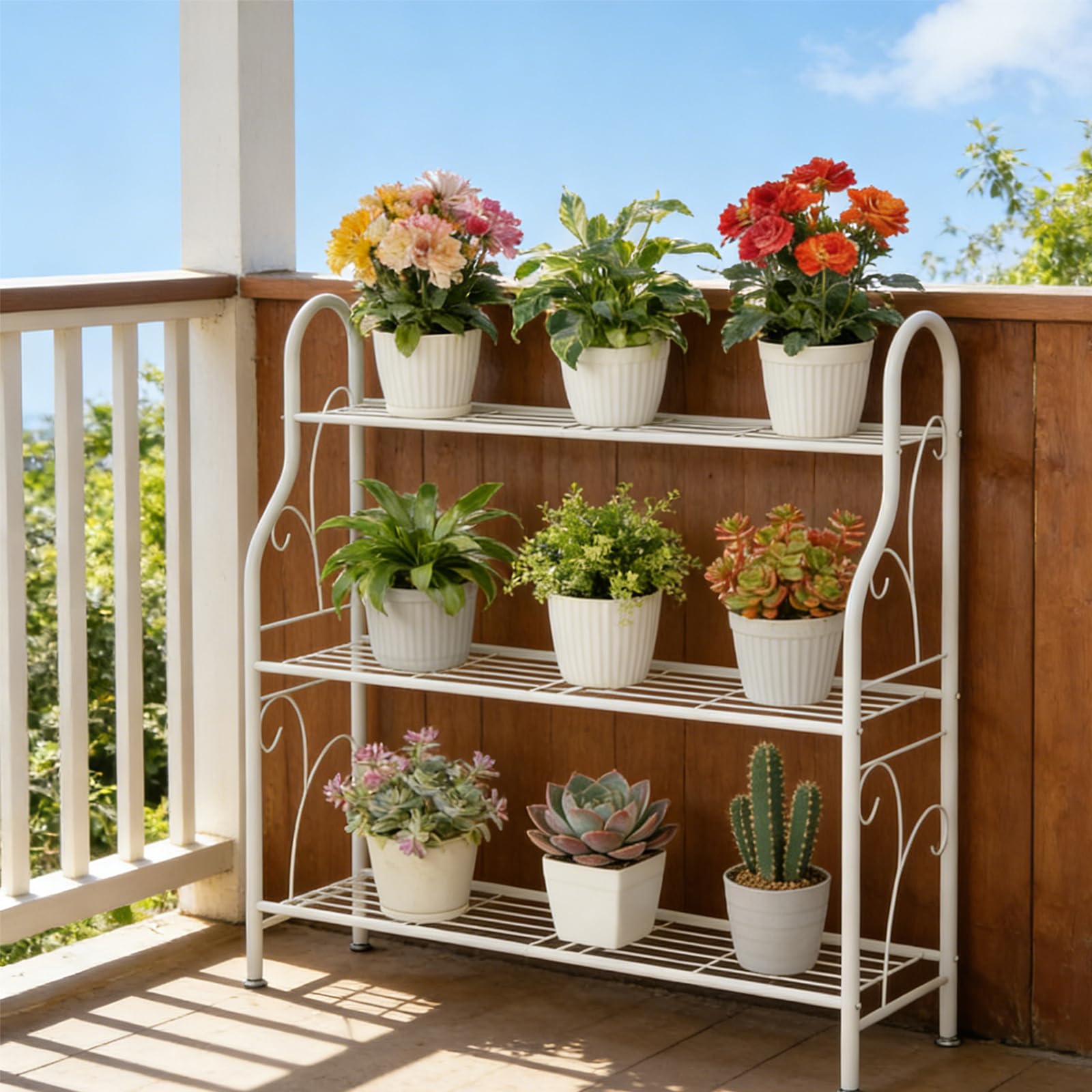 SORCEDAS metal plant stand offers outdoor-ready durability with rust-resistant coating.