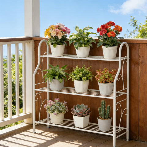 SORCEDAS metal plant stand offers outdoor-ready durability with rust-resistant coating.