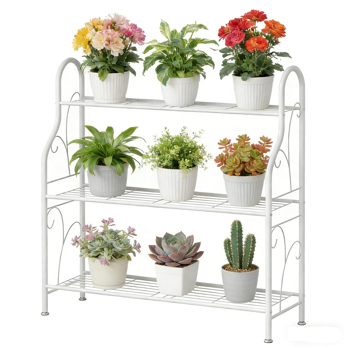 SORCEDAS 3-tier plant stand creates a compact corner display for lush indoor greenery.